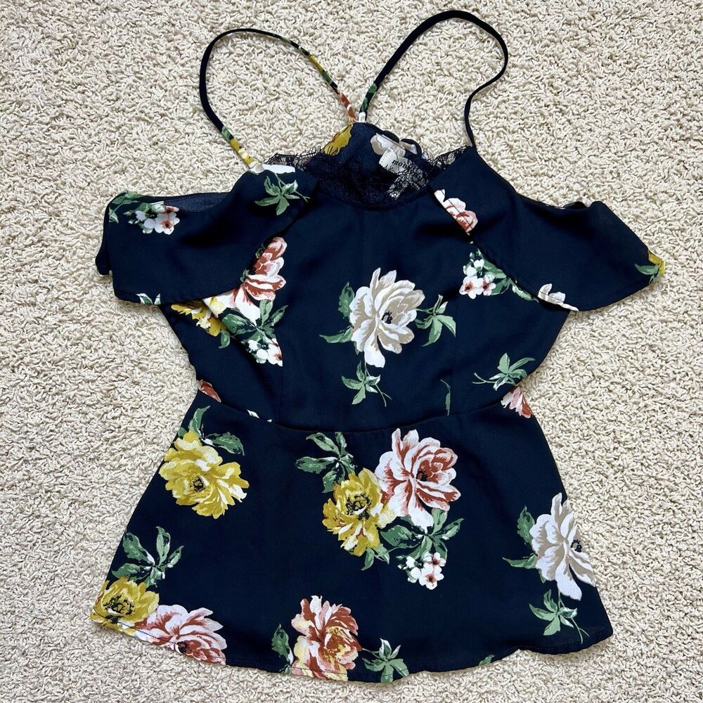 MONTEAU Floral Rose Print Tank Top Ruffle Lace Empire Peplum Cami Black Small